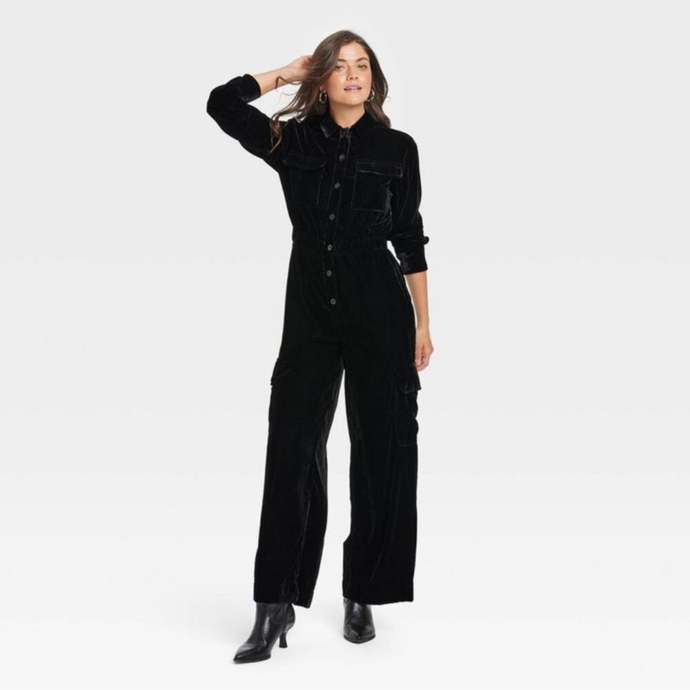 Universal Thread Women's Long Sleeve Velvet Cargo Jumpsuit Boilersuit Black 6